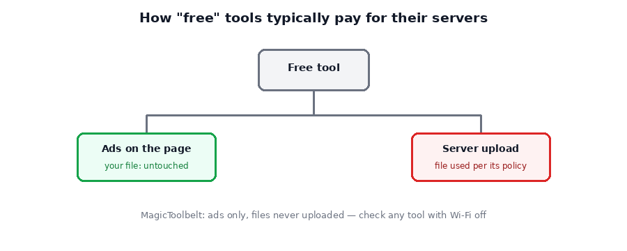 Diagram showing free tools typically funded either by ads on the page, leaving files untouched, or by uploading files to a server where they're used per that site's own policy